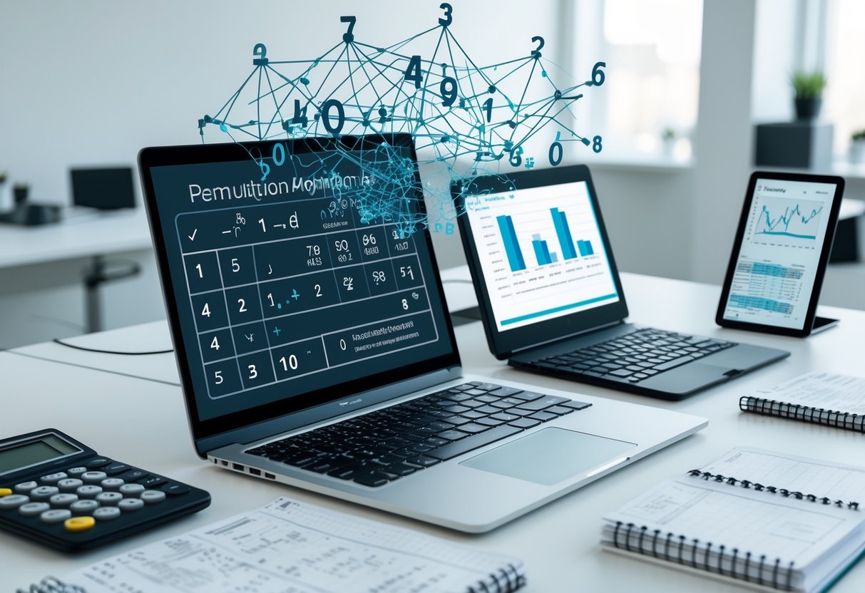 A modern workspace with a laptop showing numerical data and a holographic projection of interconnected numbers, surrounded by calculators and notebooks with mathematical formulas.