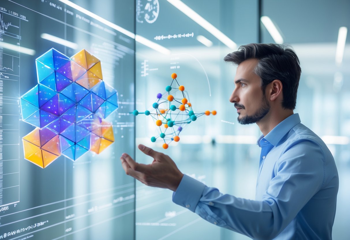 A person interacting with a futuristic digital display showing complex 4-dimensional geometric shapes and mathematical data in a modern office.