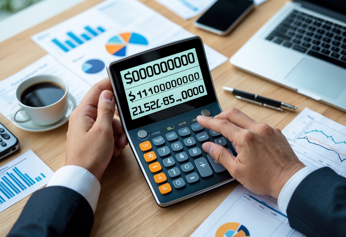 A person using a digital calculator on a desk with financial documents and a laptop nearby.