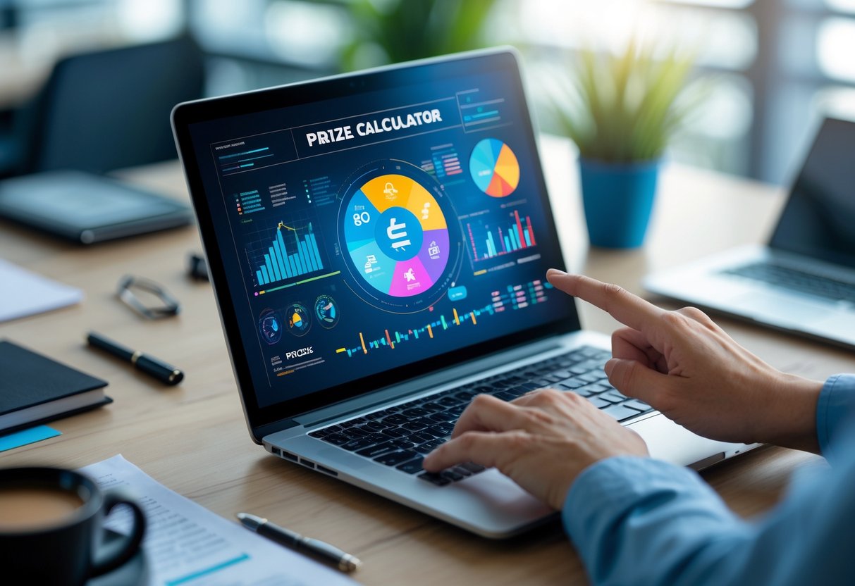 A person using a laptop with colorful charts and graphs on the screen at a wooden desk.