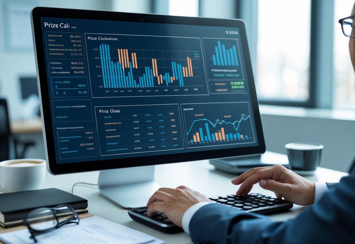 A person in a modern office analyzing financial data on a computer screen with a calculator and notes on the desk.