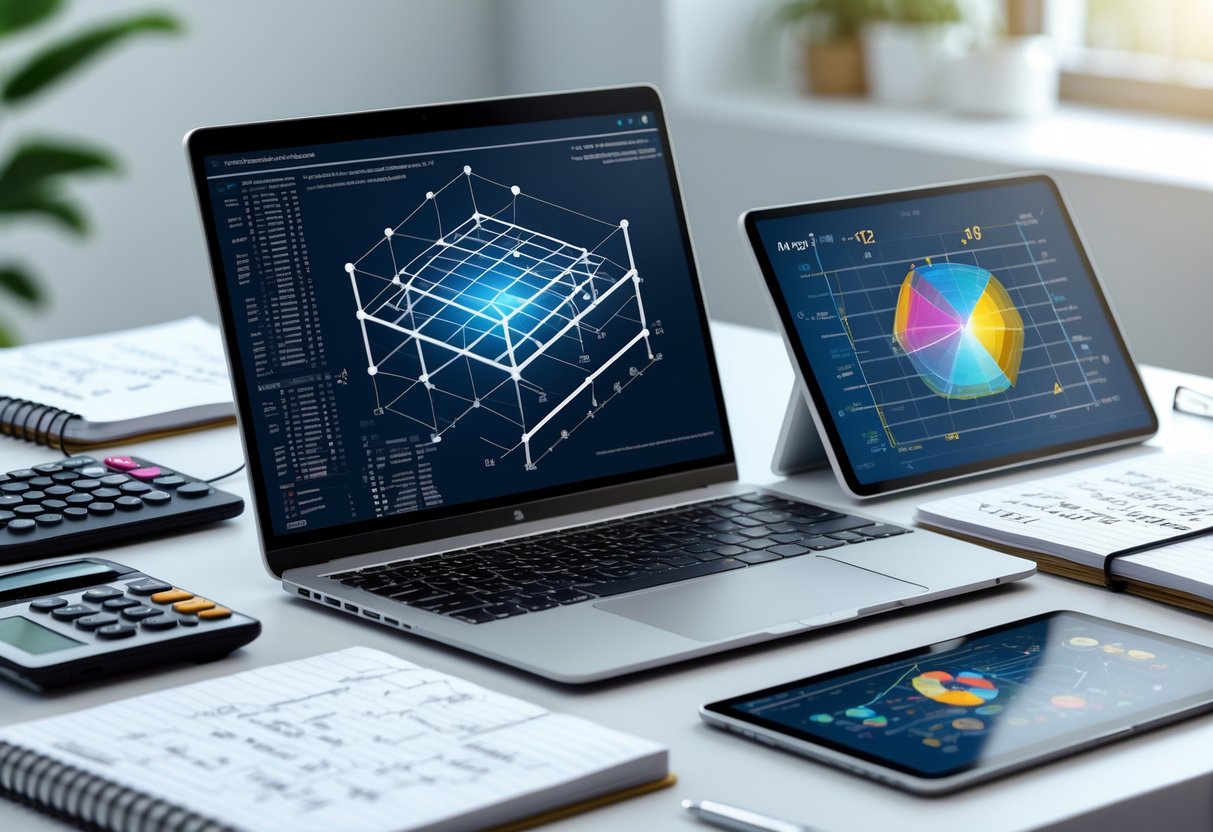 A workspace with a laptop, calculators, notebooks, and a tablet displaying complex mathematical graphs and formulas related to four-dimensional calculations.