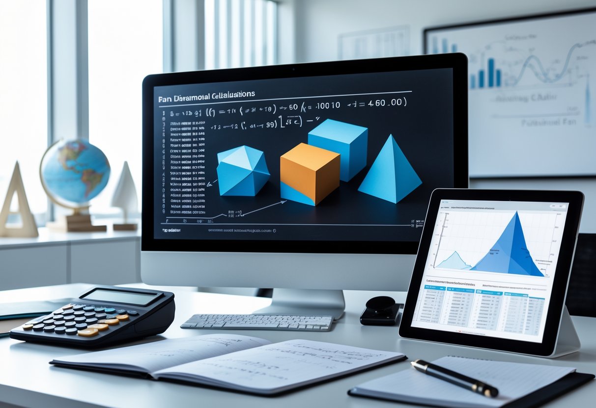 A modern office desk with a computer displaying 3D geometric shapes and mathematical tools arranged around it.