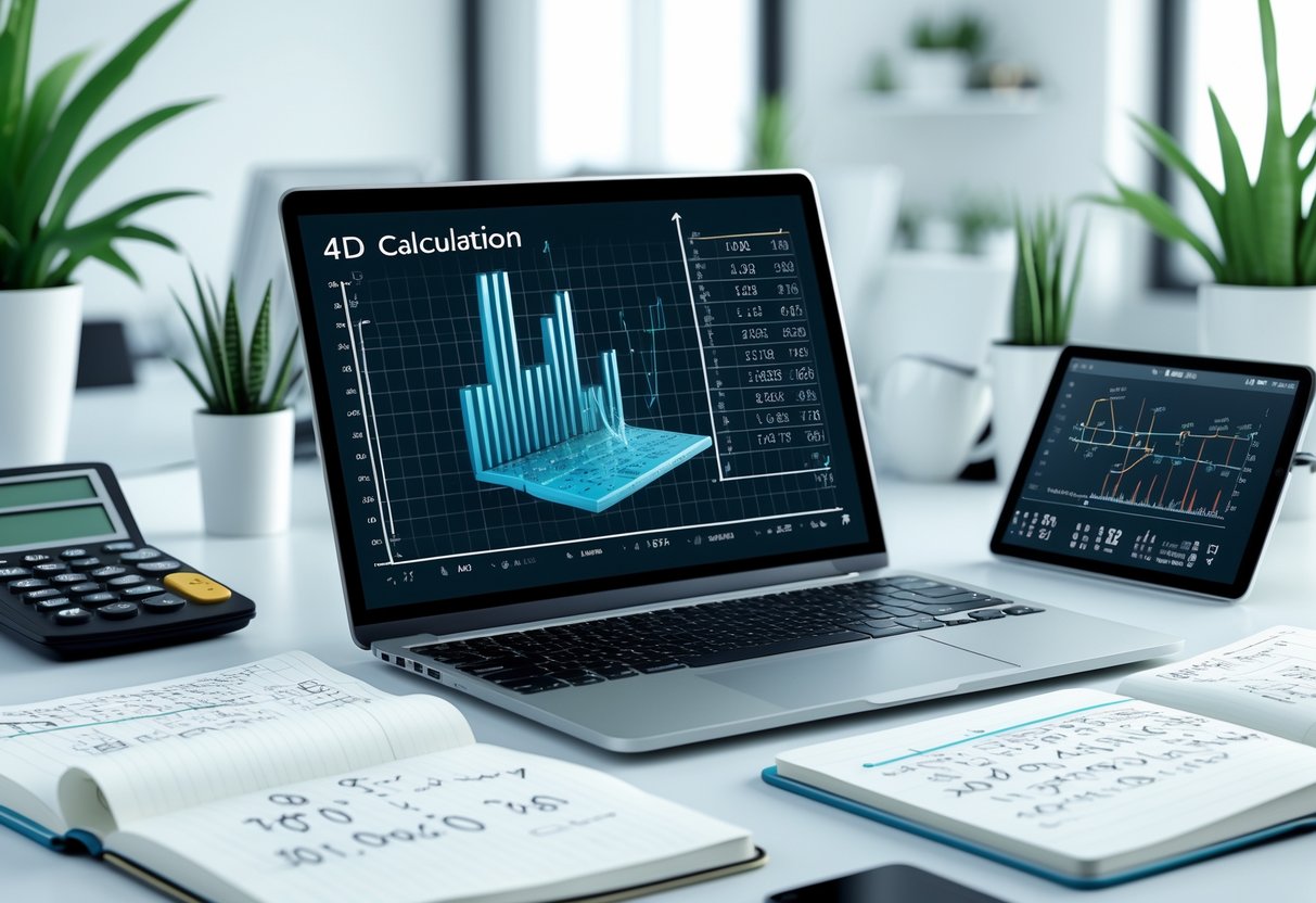 A workspace with a laptop showing complex formulas, calculators, notebooks with equations, and a tablet displaying data visualizations.