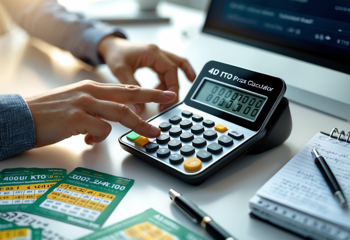Hands using a digital lottery prize calculator on a desk with lottery tickets and a notebook.