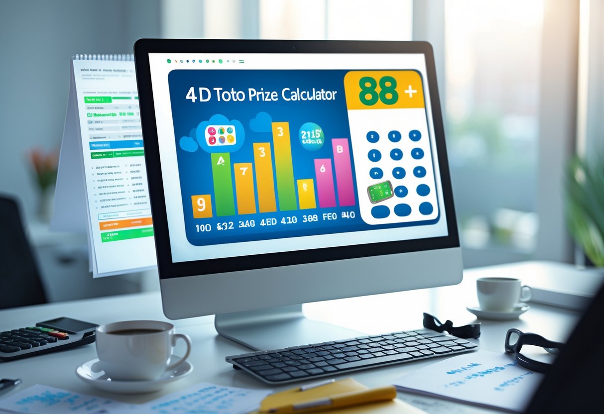A workspace with a computer showing lottery prize calculations, a calculator, notepad, coffee cup, and glasses on a desk.