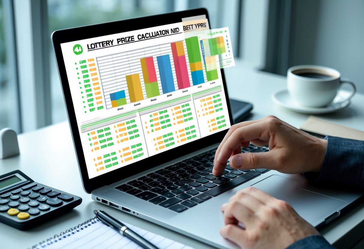 A workspace with a laptop showing colorful charts, a calculator, a pen, and a hand interacting with the laptop on a clean desk.