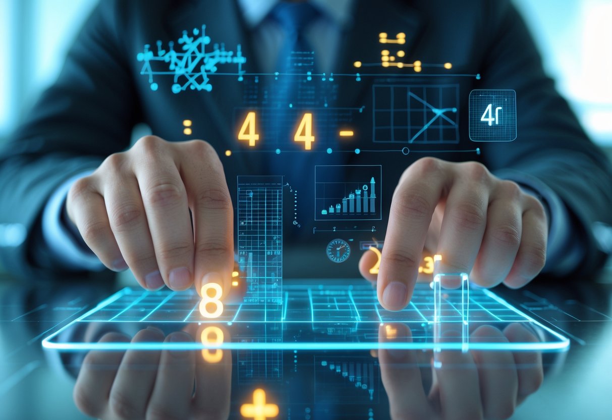 Close-up of hands interacting with a futuristic digital touchscreen displaying glowing numbers and 3D graphs in a modern office.