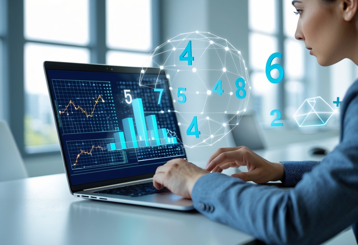 Hands interacting with holographic numbers and graphs above a laptop in a bright office setting.