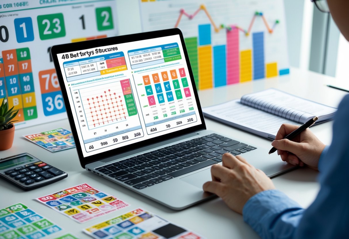 A person working at a desk with a laptop, calculator, and notes, analyzing numerical data and charts related to 4D number calculations.