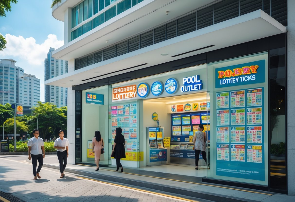 A modern Singapore lottery outlet storefront with people walking nearby on a sunny day.