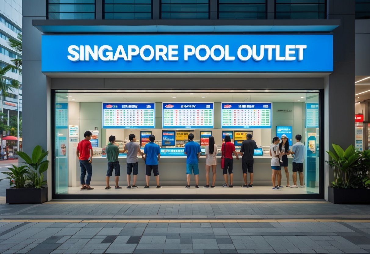 A Singapore Pool outlet storefront with people buying lottery tickets in a city setting.
