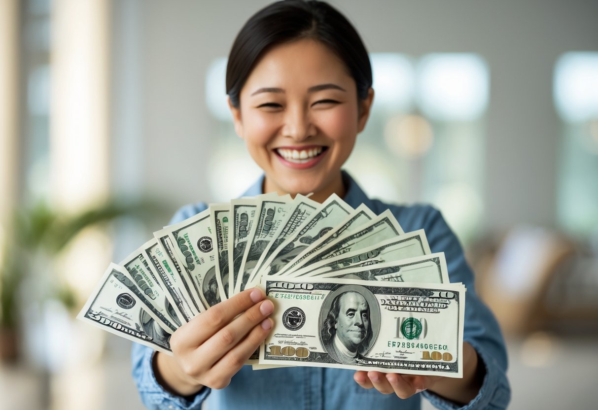 A happy person holding a large stack of cash, smiling with excitement.