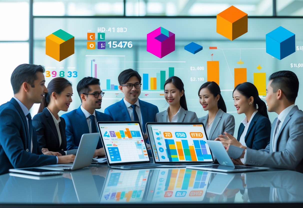 A group of professionals analyzing lottery prize data with digital devices and charts in a modern office setting.