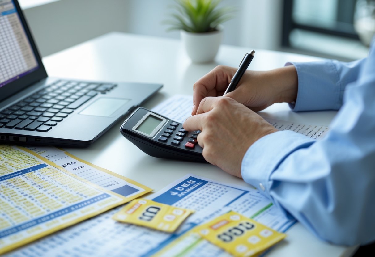 Hands calculating lottery prize money with a calculator, notepad, lottery tickets, and a laptop on a desk.