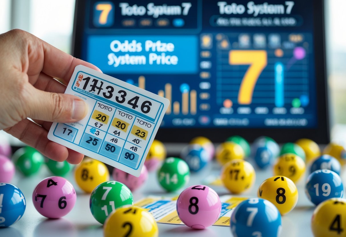 A hand holding a lottery ticket above a table with colorful numbered lottery balls and a digital screen showing charts and graphs about lottery odds and prizes.