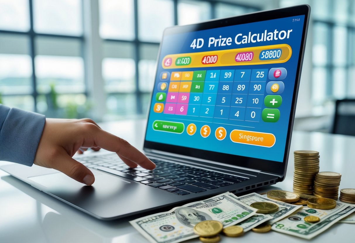 A person using a laptop with a colorful prize calculator interface visible on the screen, Singapore currency notes and coins beside it on a desk in a bright office.