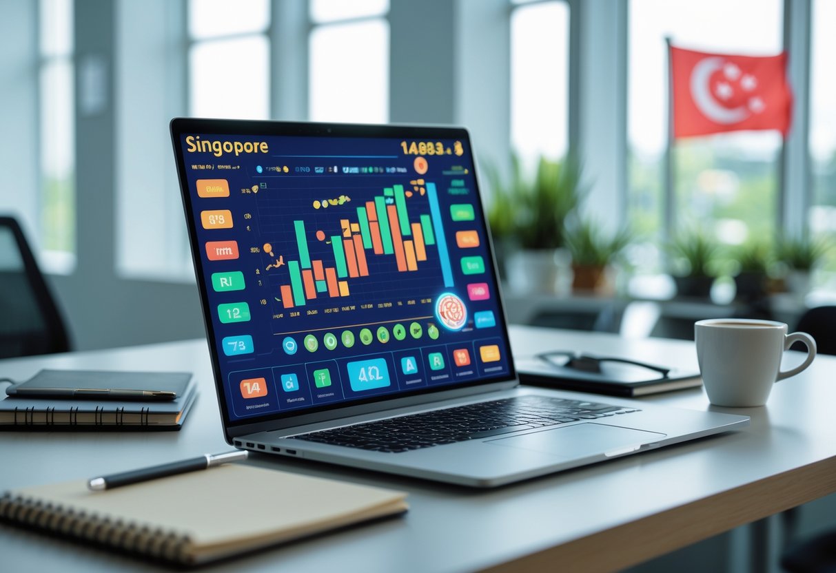 A modern office desk with a computer displaying a colorful digital interface related to lottery calculations, with office supplies and a small Singapore flag in the background.