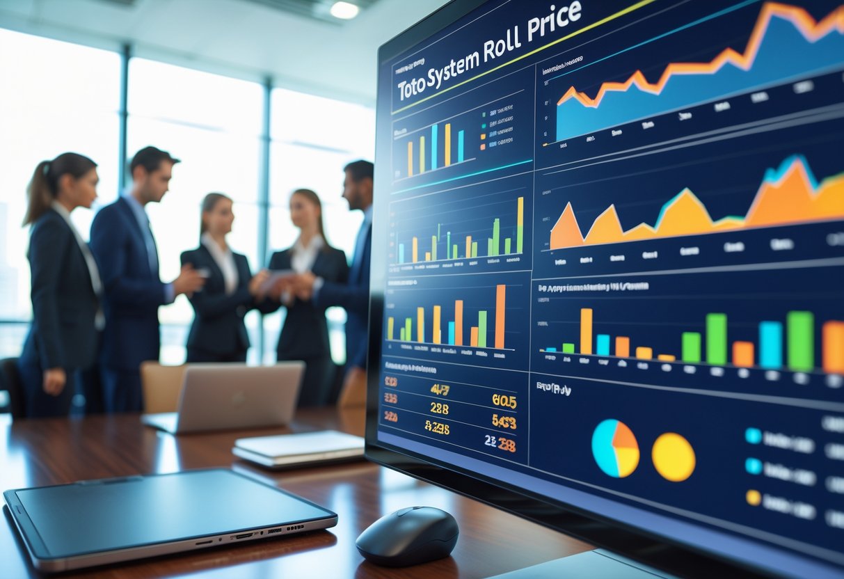 A modern office scene with professionals analyzing financial data on a large digital screen showing charts and graphs.