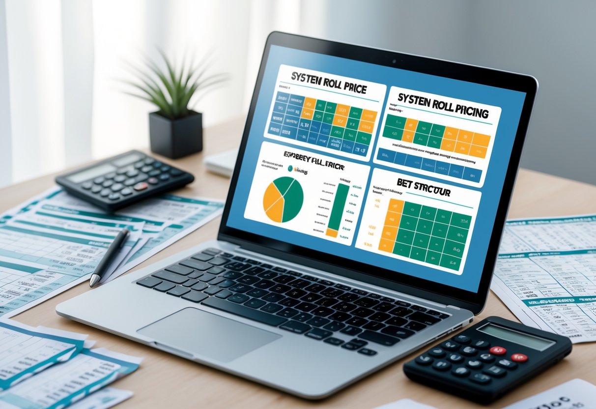A workspace with a laptop showing betting charts, betting slips, a calculator, and a pen arranged neatly on a desk.
