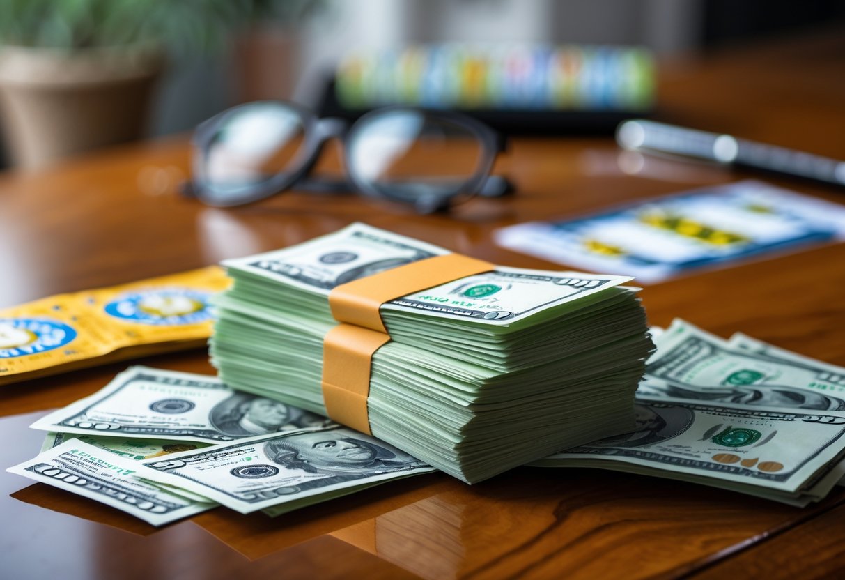 Close-up of a stack of colorful currency notes spread out on a wooden table with blurred lottery ticket and pen in the background.
