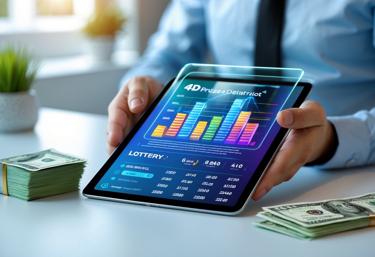 Hands holding a digital tablet showing colorful charts with lottery tickets and cash on a desk in the background.