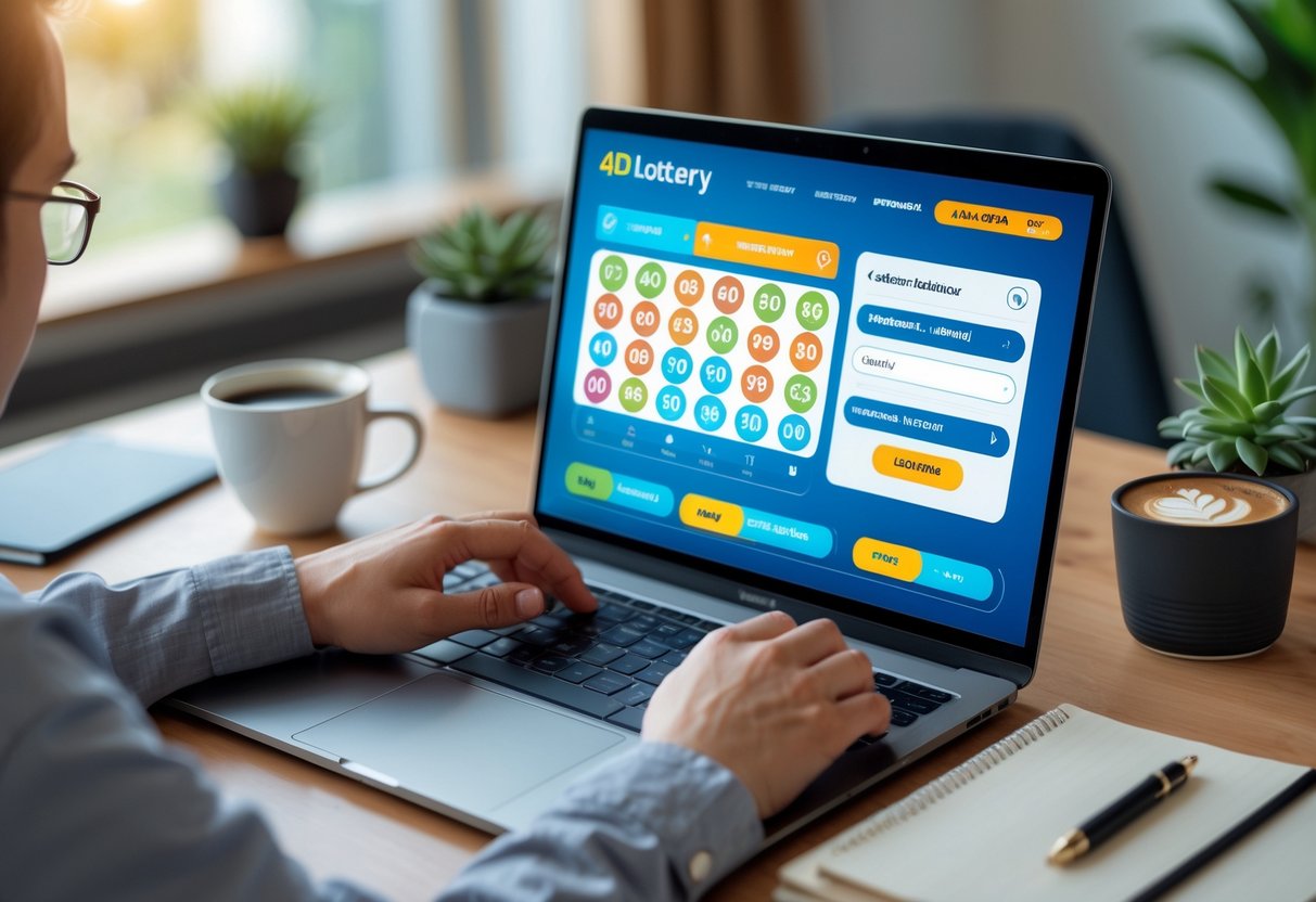 A person using a laptop and smartphone at a desk to buy 4D lottery tickets online in a home office.