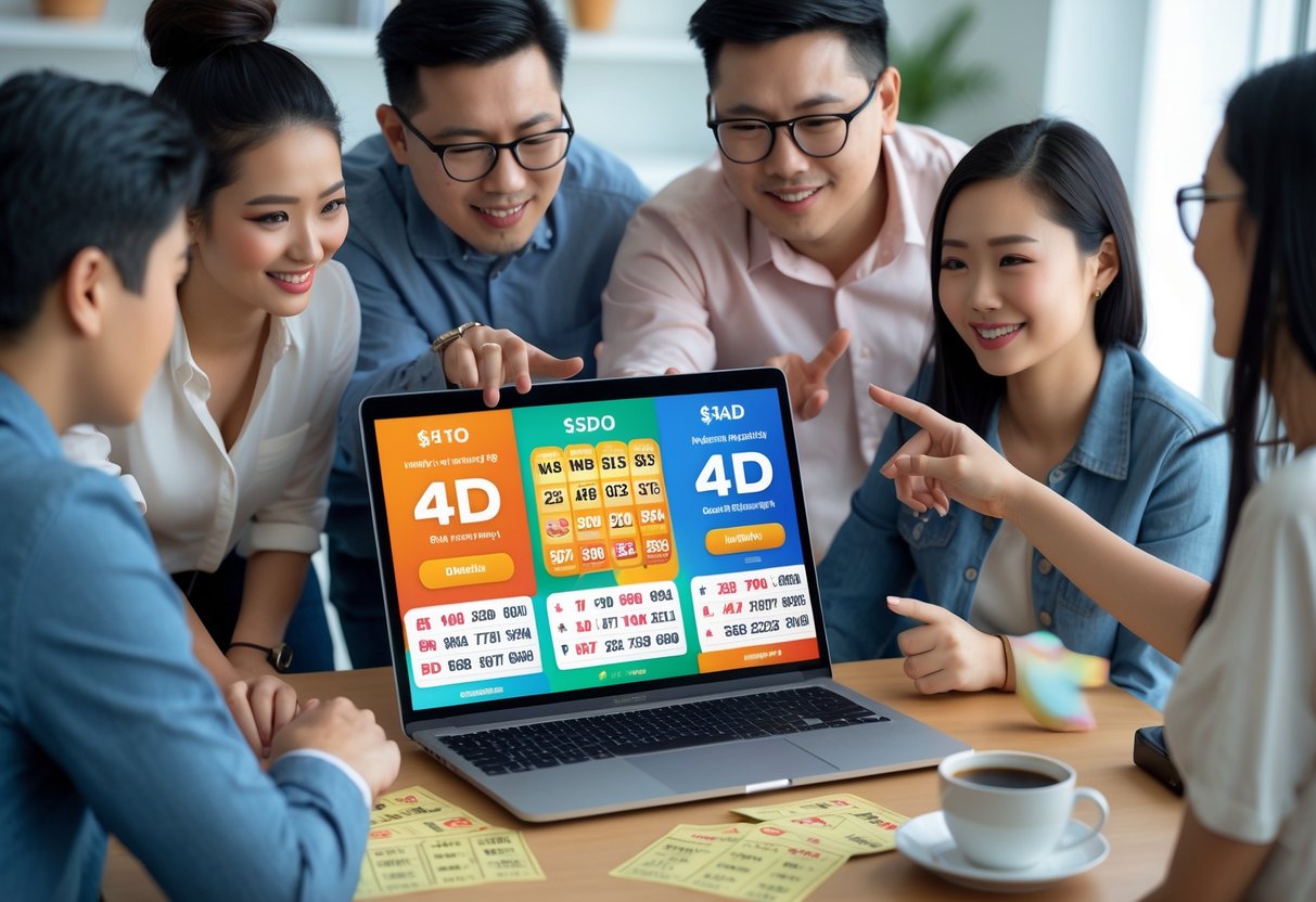 A group of people gathered around a laptop displaying an online lottery interface, with lottery tickets and a smartphone on the table.