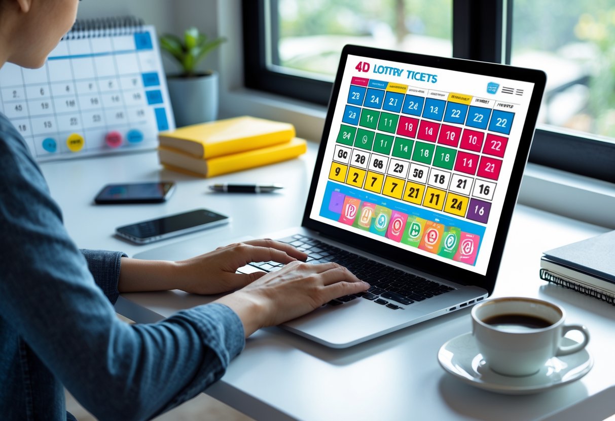 Person using a laptop at a desk to buy lottery tickets online with a smartphone and coffee nearby.