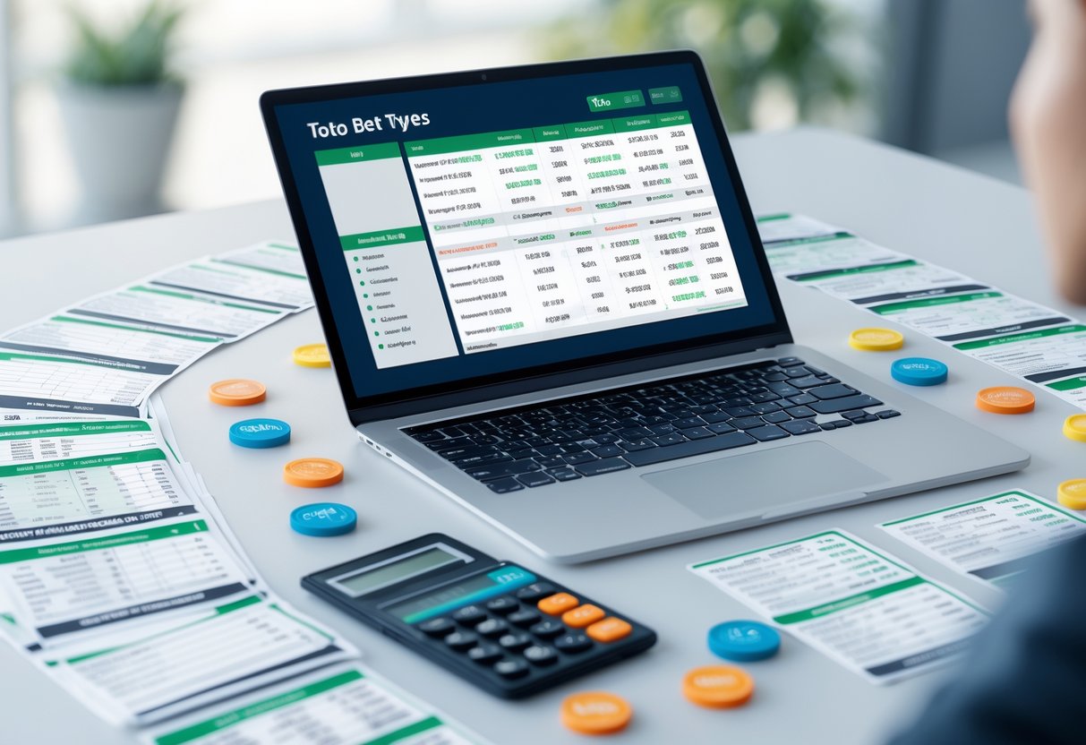 A workspace with a laptop showing betting options, betting slips, chips, and a calculator arranged neatly on a desk.