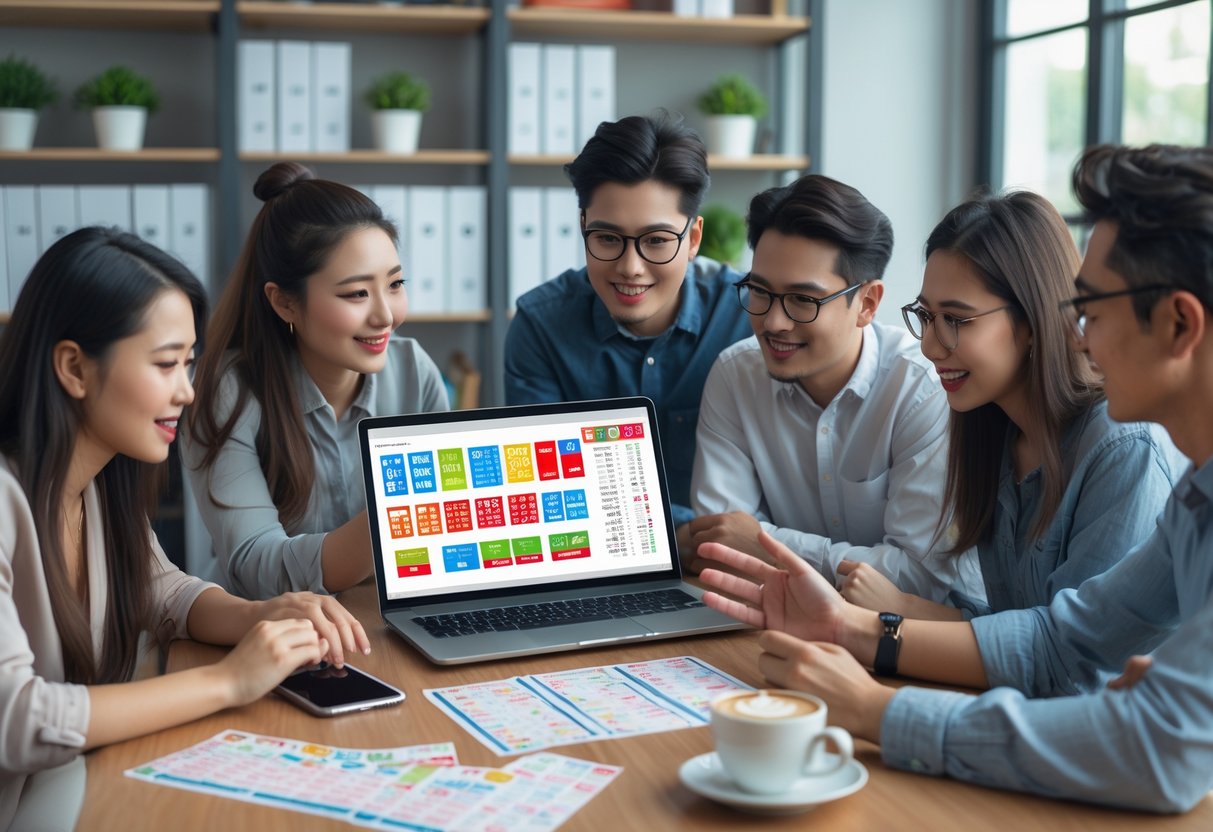 A group of people gathered around a laptop discussing lottery numbers with tickets and a smartphone on the table.