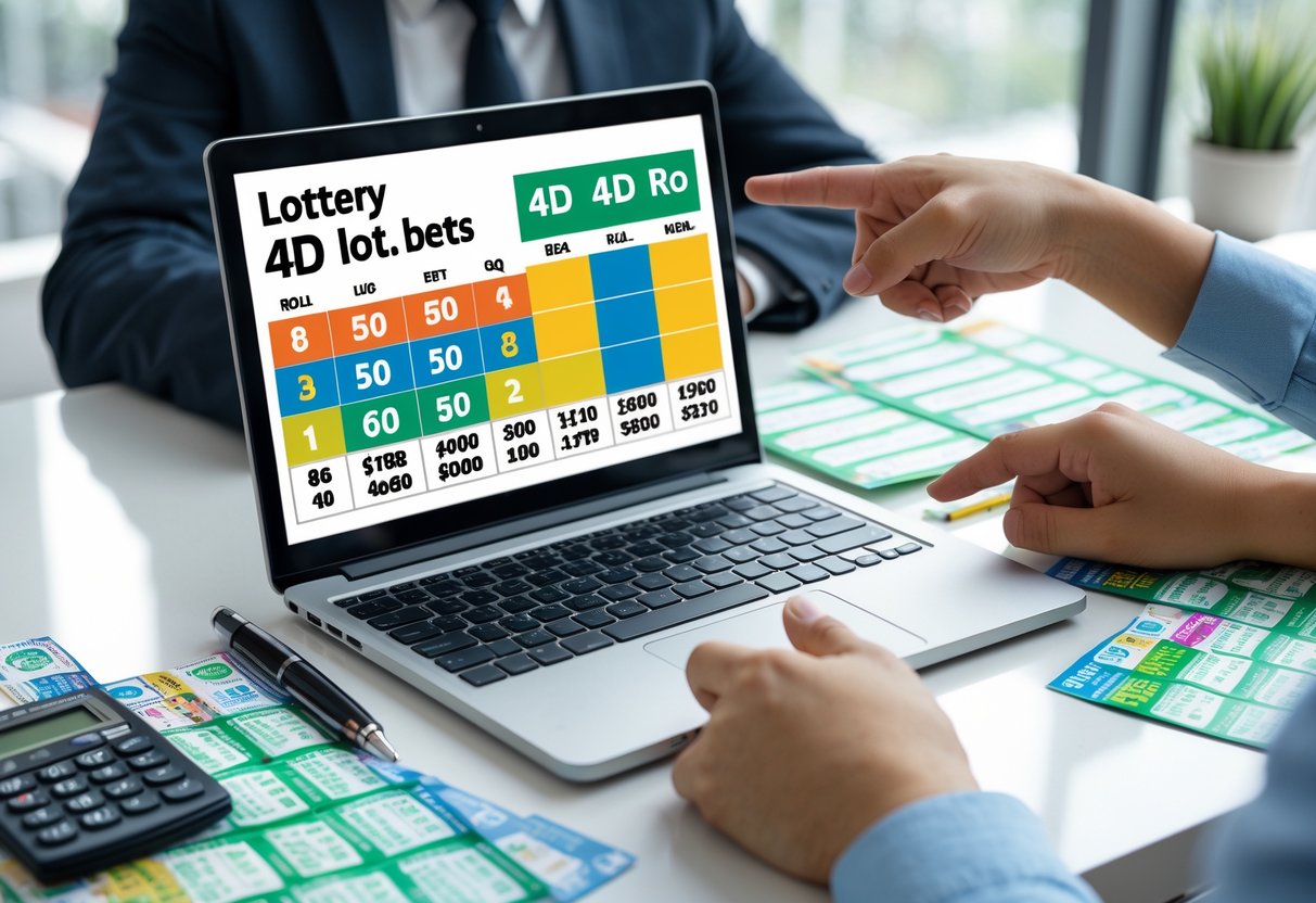 A person pointing at a laptop screen showing lottery charts with lottery tickets and a calculator on a desk.