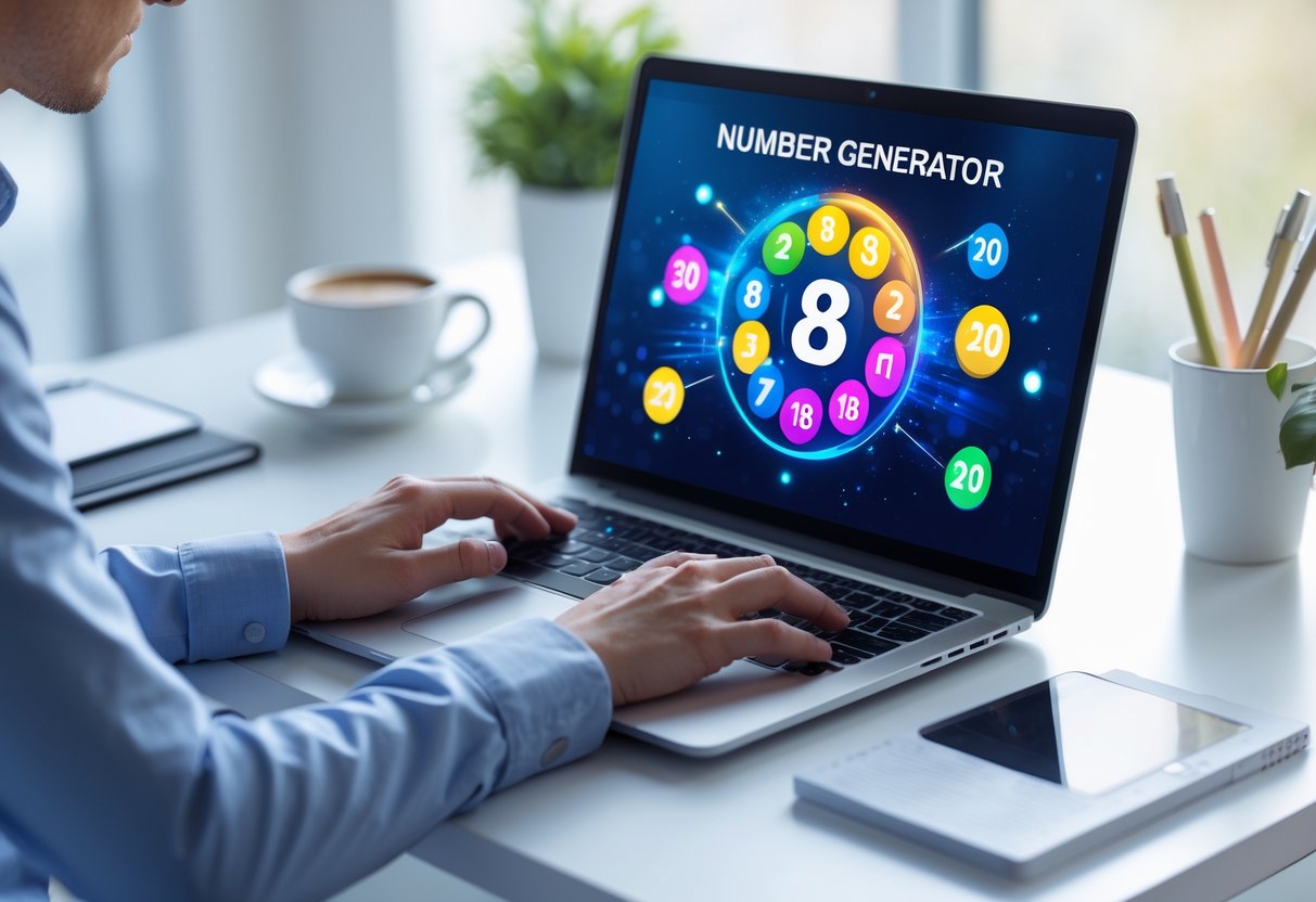 Person using a laptop with colorful number graphics on the screen at a bright desk with a coffee cup and smartphone nearby.