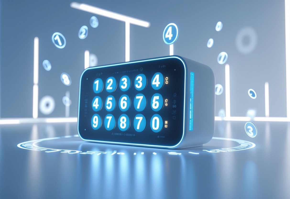 A digital lottery machine displaying random numbers with glowing numeric patterns around it on a clean background.
