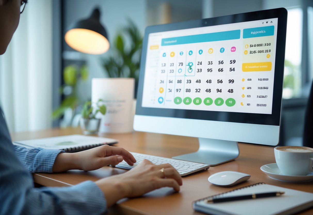 A person interacting with a computer screen showing a grid of lottery numbers in a bright office setting.