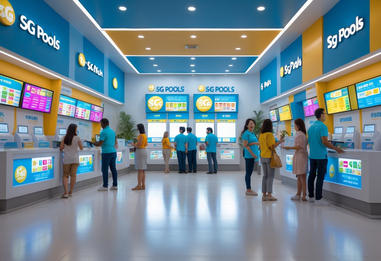 A bright indoor scene showing several SG Pools lottery outlets with customers and staff interacting at counters.