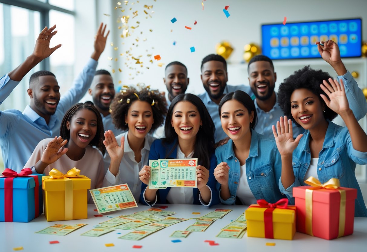 A group of happy people celebrating around a table with lottery tickets and prize envelopes, with confetti falling and a digital screen showing numbers in the background.