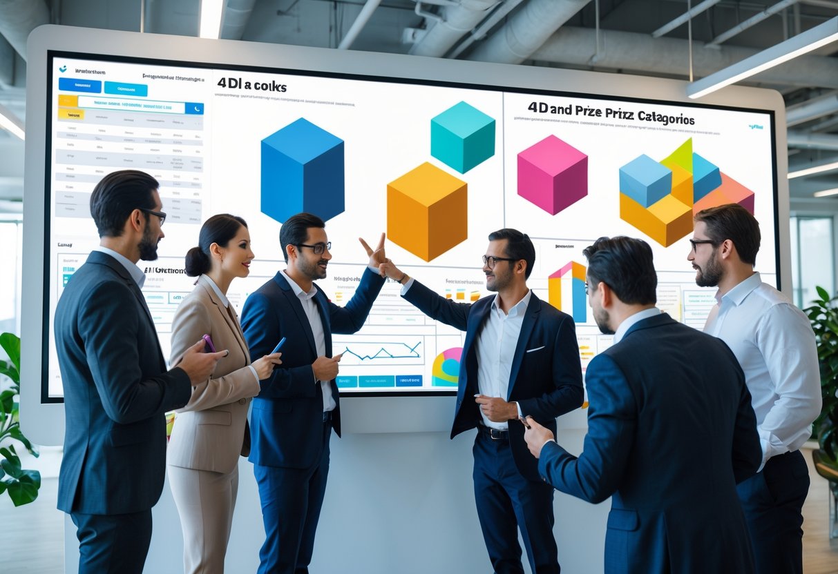 A group of professionals discussing prize categories around a digital touchscreen display showing geometric shapes and icons in a modern office.