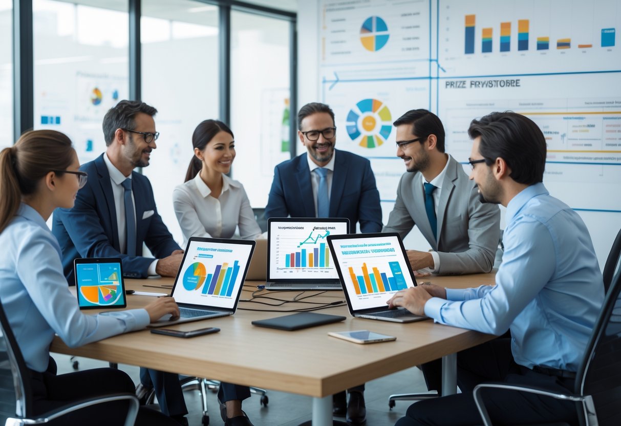 Business professionals collaborating around a table with laptops and charts, discussing prize structure and groupings in a bright office.