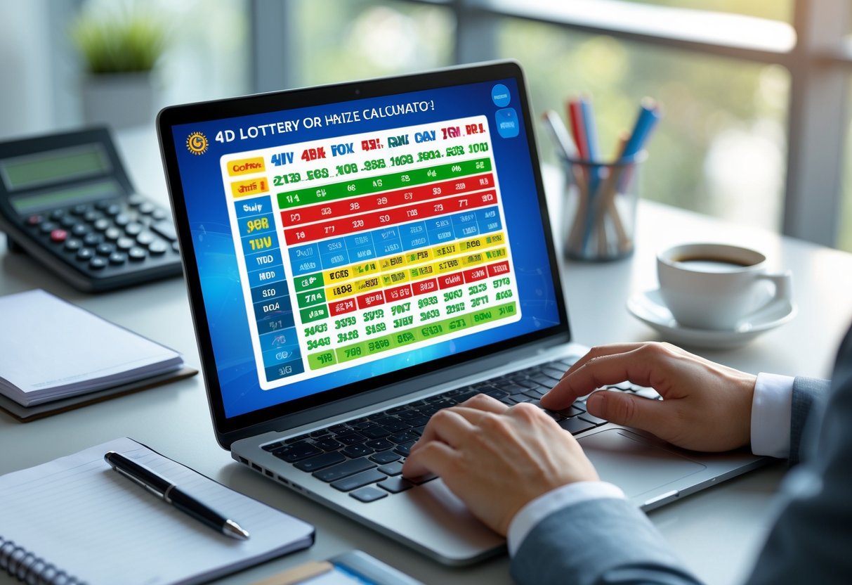 A person using a laptop with colorful charts and numbers on the screen, surrounded by office supplies on a desk.