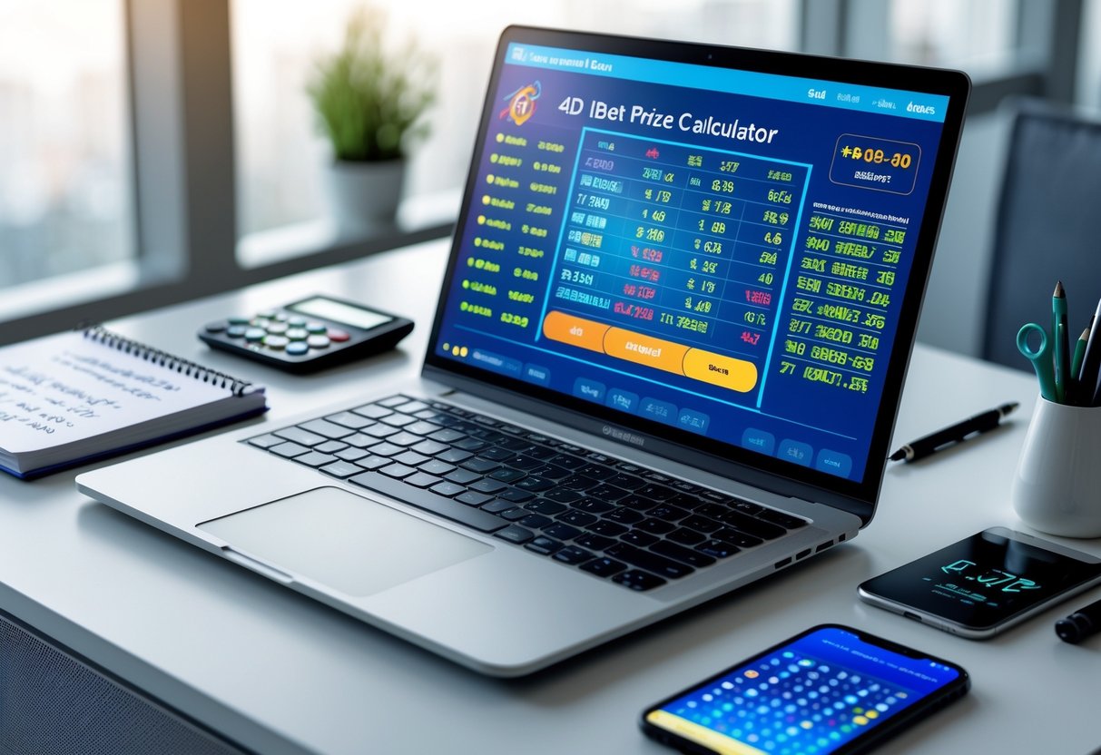 A workspace with a laptop showing colorful data, a calculator, notebook, pen, and smartphone on a desk in a bright office.