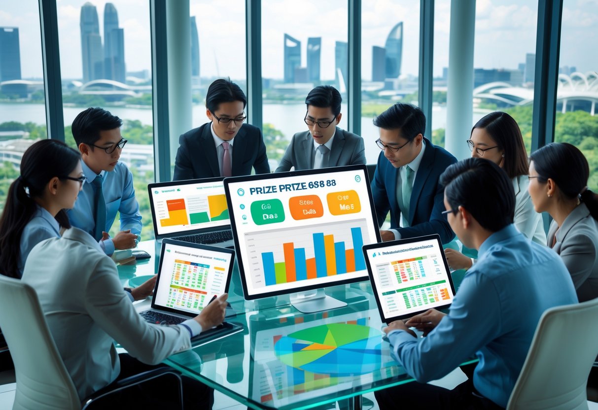 A group of professionals in an office discussing and analyzing numerical data on laptops and tablets with a city view in the background.