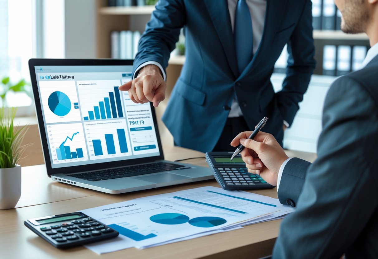 Two people discussing financial data on a laptop at a desk with documents and a calculator.
