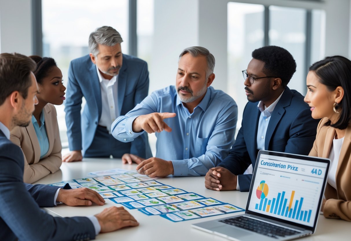 A group of people discussing lottery tickets and charts around a table in an office.