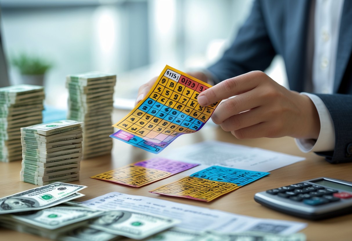 Hands holding colorful lottery tickets with stacks of cash on a desk in an office setting.