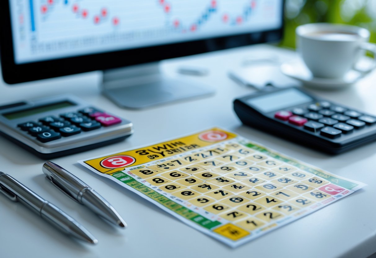 Close-up of a lottery ticket with marked numbers on a desk with a pen, calculator, and coffee cup, with a blurred screen showing charts in the background.