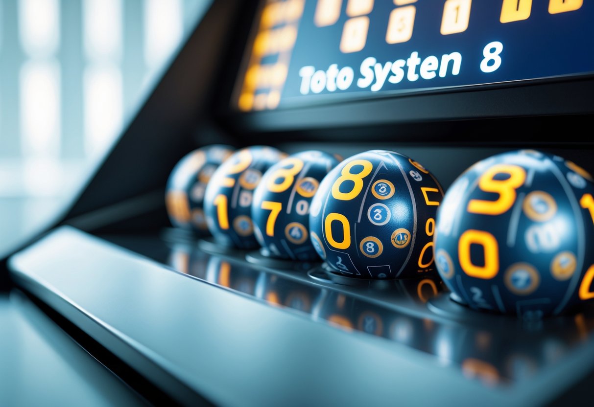 Close-up of a lottery machine showing three winning numbers with numbered balls arranged nearby.