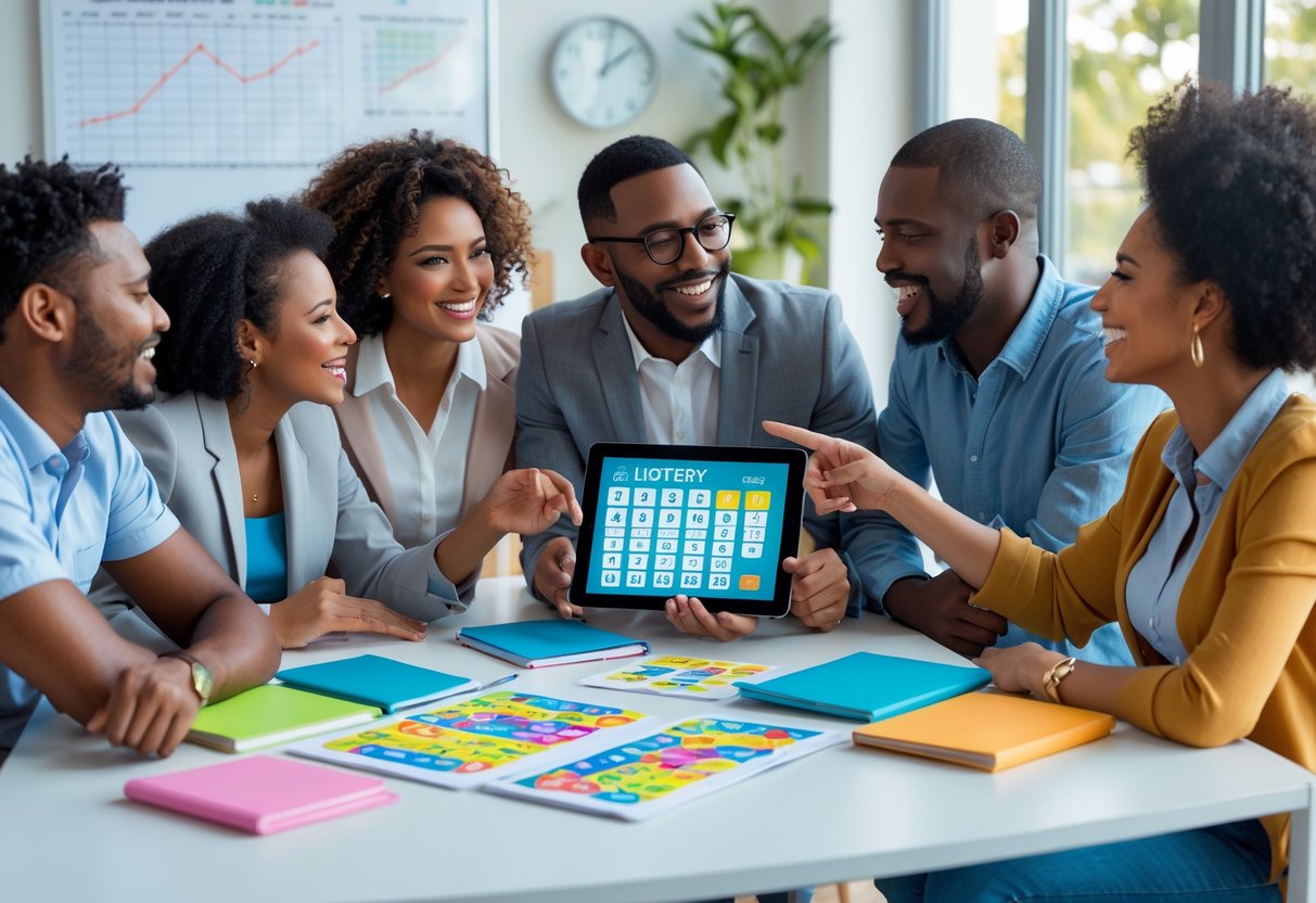 A group of people discussing lottery numbers around a table in a bright office, looking excited and engaged.