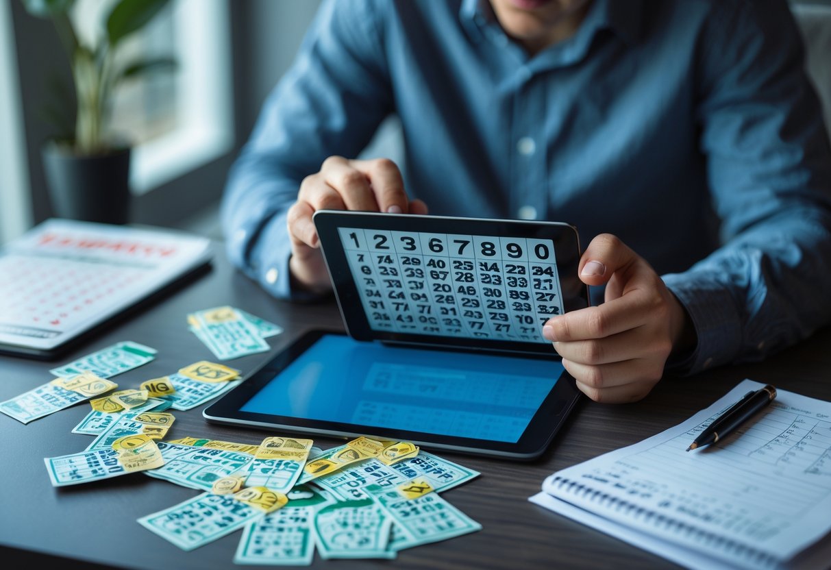 A person reviewing lottery tickets and numbers on a tablet at a desk with a calendar showing tomorrow's date.