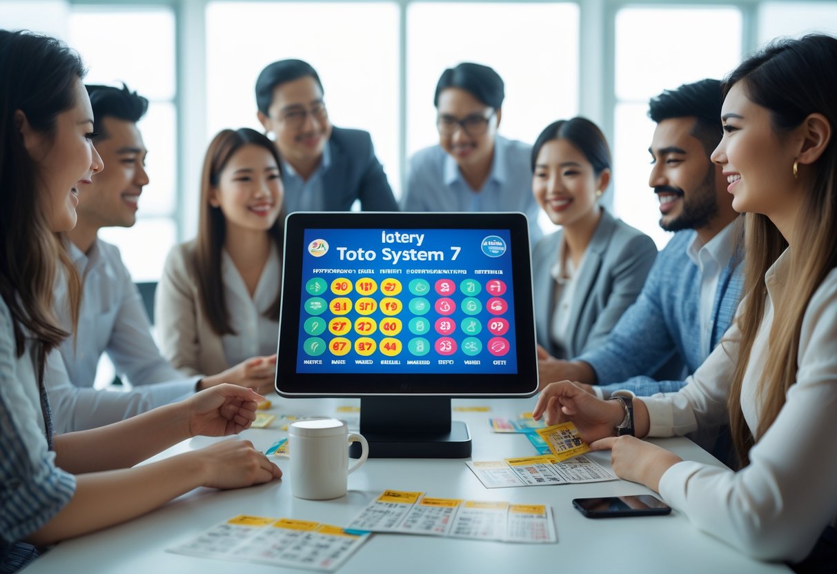 People gathered around a digital touchscreen display with lottery tickets and charts, engaging with a lottery game setup.